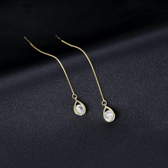 Gold 925 Sterling Silver Threader Earrings CZ Droplet Chain Dangle Earrings Gift - Picture 6 of 6